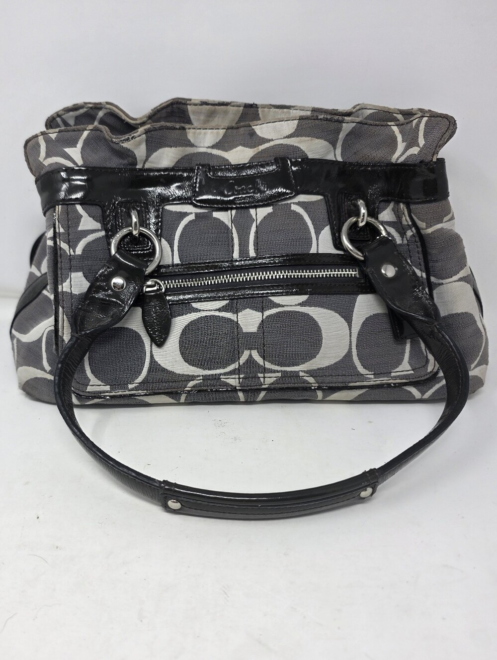 Coach Penelope Optic C Grey Black Jacquard Shoulder Bag Tote Patent Trim